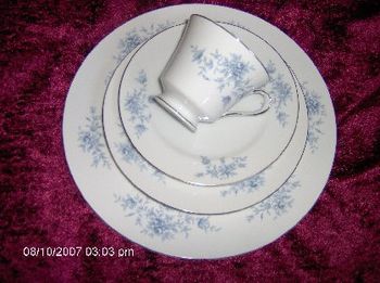Blue White Duchess Pattern Crown Empire Fine China Set Incudes 3 Dinner Plates, 4 Salad Plates, 4 Cups, 7 Saucers, Casserole w Lid, Sugar, Creamer w Lid and Gravy Boat  $30

