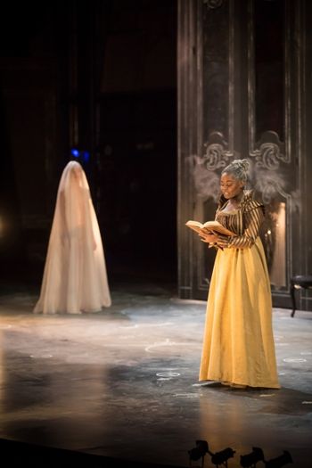 Christopher Cartmill's production of Goethe's Faust — King Solomon's Key Goethe's FAUST directed by Christopher Cartmill, set design by Bo Ra Kwan, costumes by Sarah Zinn and lighting design by Catherine Cusick — pictured Spirit (Isabel Renner) and Faust (Candace Taylor) photo by Matt Pilsner
