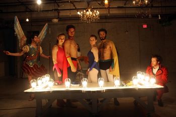Christopher Cartmill's production of Lope de Vega's ACTING IS BELIEVING (LO FINGIDO VERDADERO) — B Set by Zach Sitrin, lights by Vici Chirumbolo and costumes by Mary Kutch. St. Michael (Brandon Flynn), Marcellus (Lindsay Andreanszky), Curius (Juan Arturo Villar-Ojito), Diocletian (Sarah Deaver), Maximian (César Joel Rosado) and the Devil (Sam Urdang)
