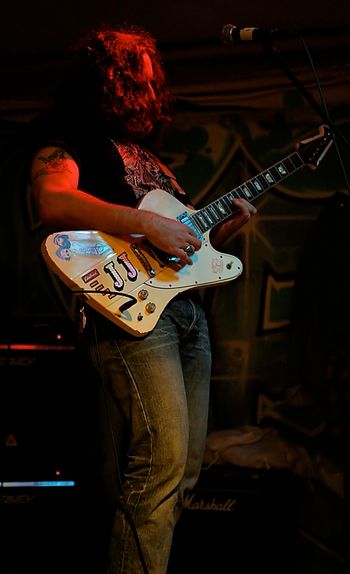 Old Faithful in action, '89 Orville by Gibson Firebird. Photo by Oliver Richter at The Barge Inn, Narita.

