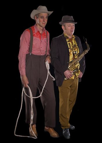 Shoehorn plays the cool music cues for Cowboy comedian Leapin' Louie Lichtenstein sometimes! On sax, harmonica, tap, percussion, & keyboards.
