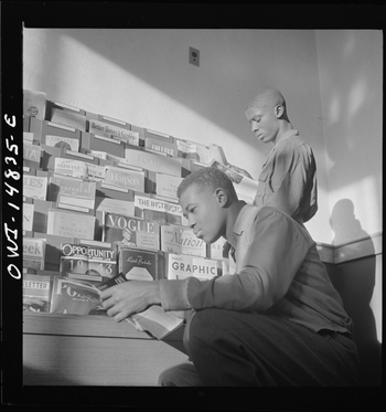 Bmakin Film: Who Killed Jazz features photos from the 1940s and 50s: this one by Gordon Parks: Students in Library at Bethune-Cookman College, Daytona Beach, Florida
