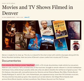 Hollywood Films Shot In Denver JazzTown Director Ben Makinen State Tourism Colorado
