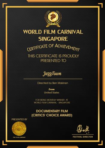 JazzTown Bmakin Film World Film Carnival Documentary Critic's' Choice Award
