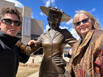 Producer/Director Ben Makinen with Women In Jazz: We Are Here Producer Terri Pederson of Tidal Breeze Jazz Arts. Statue of Fannie Mae Duncan in Colorado Springs.
