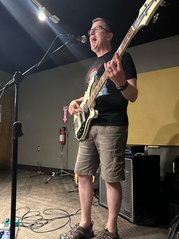 Me doing my best to sing & play bass at the same time!  (Tim Jones' band practice photos.)
