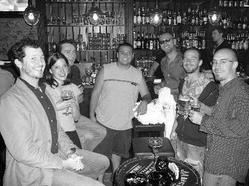 The American crew (with Pat Kelly) at Kelly's Bar in Antwerp, Belgium.  From left: Phil, Lindsay, Pat, Philip, Scully, Chris and John.
