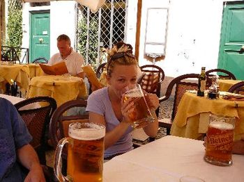 Jules enjoying 3 pints in one at Piazza Novona in Rome, Italy.
