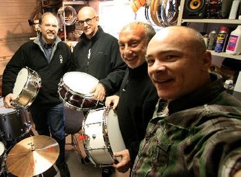 The Liza Percussion Section With Master Drum Maker Ronn Dunnett In His Garage/Workshop, Vancouver, BC 11/14/07 - From Left To Right, That's Bill Hayes, Me, Mike Berkowitz & Ronn - I'm Proud To Say That The Drum I'm Holding Is Now In My Possession
