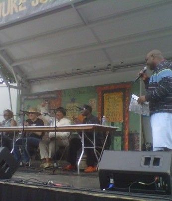 Larry (right) on Howlin' Wolf tribute panel 2011, Chicago Blues Fest, with Dick Shurman, Bette Kelly, moderator Alex Thomas

