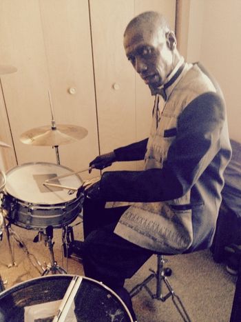 DrumsLarryFrontSepia_2014_11 Larry practicing drums 2014
