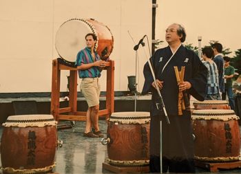 Yokoyama Sensei and Marco Lienhard rehearsing Yokoyama 's Bisei Reibo 1994 at the First  Shakuhachi international Festival in BISEI, Okayama
