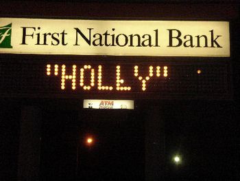 Holly in lights at First National Bank
