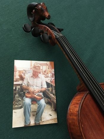 Greg's fiddle An Arthur Connor ram's-head fiddle with photo of the master himself making it.
