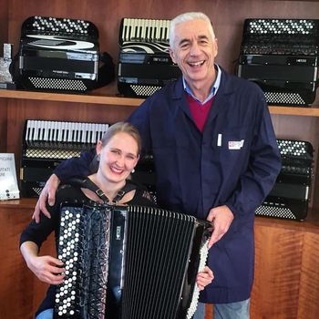 With Massimo Pigini, receiving my new Concert Accordion, 2020.
