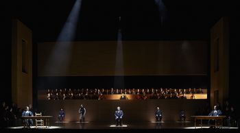 As Joseph Delorme, seated right of Russell Braun as Riel (centre), in Louis Riel (COC 2017)/ Dans le rôle de Joseph Delorme, assis à droite de Russell Braun dans le rôle de Riel (au centre), dans Louis Riel (COC, 2017) - photo by/de Michael Cooper
