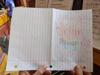 Heartfelt Thank You Card from a 5th grader to Elizabeth Woodbury - Kasius and I for accompanying a dynamic dance program presented and produced by Saratoga Performing Arts Centers Education Program view 1 of 2
