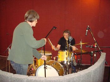 Setting up the drum mics just right - producer Jim Wirt & Jon Richey on drums
