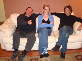 Hanging out on the leather couch in the control room; no studio is complete without it - Randy Chase, Tara Hawley, and Tyler Owen
