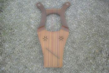 My own replica Biblical Kinnor (front view), as featured in my Lyre Albums - made by Mid East Ethnic Instruments (with the replica Simon Bar Kochba coins I attached to the top of the 2 arms...for that
