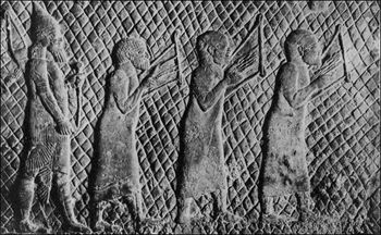 Captive Jewish Lyre players from the time of Solomon's Temple - details of a relief from SW Palace of Sennacherib at Nineveh, ca. 701 BC,celebrating the conquest of Jerusalem by the Assyrians
