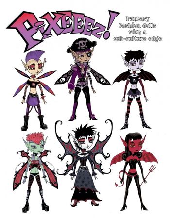 Designs for a line of "Pixeeez" dolls. Designed in 2005. Not manufactured
