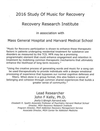 Harvard study of Music for Recovery cover page
