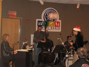 WICN live holiday jazz jam, Pamela Hines on piano, Bob Simonelli on bass, Kenny Hadley on drums
