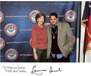 marcus (emcee one) and First Lady, Laura Bush
