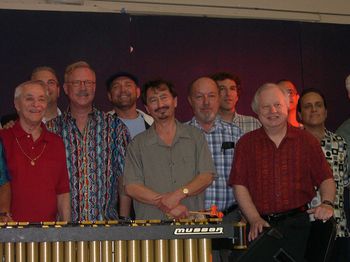 front row L-R: terry Gibbs, Gary Burton, Tommy Vig, TC: L.A. Jazz Society Vibraphone Summit particip
