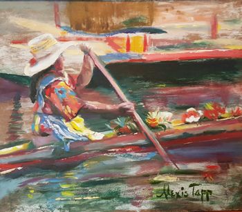 "Flower Lady in Canoe" Oil on Masonite
