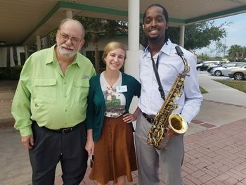 Post-Show featuring The Carl Bartlett, Jr. Duo @ Cocoa Beach Public Library (Florida). 4/2/17. Here with exceptional pianist Ron Teixeira, and outstanding library Programs Director & Webmaster Nicolle Anderson.
