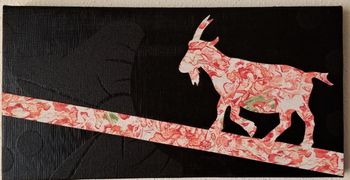 Goat Going Left. Acrylics, wallpaper samples, non-toxic glue, and gloss varnish on repurposed canvas. 16 1/4” x 8 1/4”. 2023. $50

