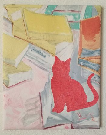 The Cat in Van Gogh’s Library. Wallpaper samples, non-toxic glue, and gloss varnish on canvas. 14" x 18". 2023. $75
