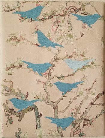 Bluebirds in Van Gogh’s Almond Blossoms. Wallpaper samples and matte medium on canvas. 12" x 15 1/2". 2023. $100
