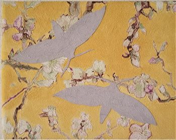 Two Gray Moths in Van Gogh’s Almond Blossoms. Wallpaper samples and matte medium on canvas. 8" x 10". 2023. $45

