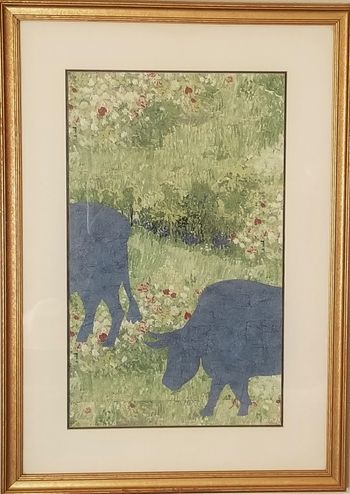 The Bulls in Van Gogh's Garden. Wallpaper samples, non-toxic glue,  and gloss varnish on hardboard. 19 1/2" x 27" in gold frame behind glass (in this image, the glass caused a slight glare on the bull on the left). 2023. $150
