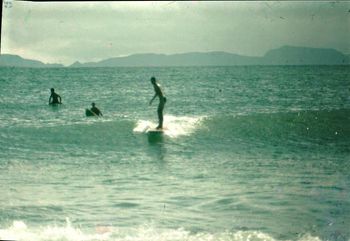Waipu and Piha Clubby...Ian Hill..south corner of Langs...1965 we were still just surfing right in the corner by the boat sheds until '66 when we finally started paddling right out to surf the point...was a hairy take-off on those big old boards

