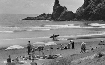 Piha 1960.....Piha (and the Auckland crew) ...were maybe..just a couple of years ahead of us ....Americans Rick Stoner & Bing Copeland introduced Piha to modern boardriding in 1958 (see 'Bings' interview 'Overseas' )...........and surprisingly (to us!! ).... Christchurch was one of the for-runners of modern day NZ surfing ( thru Dennis Quane)....
