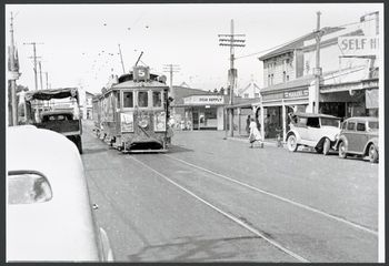 Street in New Brighton, Christchurch, with tram.. 1948
