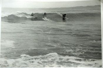 Classic photo from Trev King....Shipwreck Bay..summer of '65 This photo really captures the vib of the mid 60s....one guy doing a rail-hold crouch....another guy standing up as he goes over the wave...and the Kneel paddle take-off...
