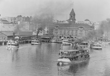 1936 Looking south from the water showing a group of ferries by Ferry wharf, the paddle steamer 'Albatross
