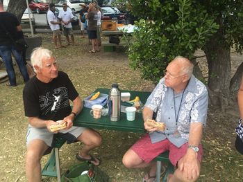 75 yr old Don and (deceased ) brother Ross Edge....having a good feed before ripping up a few waves...Waipu 2014 These guys would probably have been sitting here more than 55yrs ago...probably eating pies or something...now thats very very cool....sadly Ross no longer with us...passed away 2016
