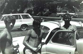 Dave boyd..Brian King and Dick Robinson enjoying the summer sun at Waipu cove in '66 Dick doing a very neat little 'reverse' peace sign there...Ha!!!!
