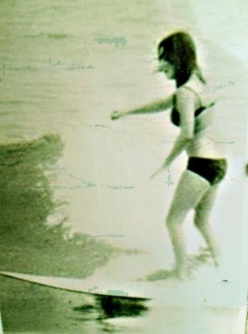 Mary Gough...Sponge Bay Gisborne....1968 Mary started surfing at Foxton Beach Palmerston North..a short stint in Gisborne..then off on the hippie trail to Europe....
