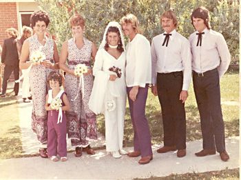 Mike Cooney & Paula Haywood tie the knot....note the 70s fashion...flairs & Paisley Groomsmen...Phil Cooney..Brian King!!.......bridesmaids Lambie Leaf ..Carol Haywood..& little Kim Haywood.....Gant and Dick Robinson in background!!....shortly after we headed off to Europe & Africa for 4 years!!
