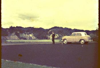 Mal and Gary Orevich take a trip down south....in Mals '51 Hillman 10 Gary looking at the Matahina Dam near Whakatane 1968
