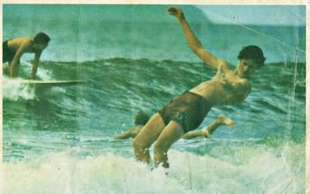 Mike doing a little re-enrty....probably Waipu Cove '66 Mike was one of the Auckland regulars to Waipu...usually with Parkesy and the mob....note Mikes Windnsea label on his boardshorts...that windnsea mob were pretty intimidating.....
