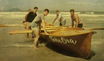 Ruakaka SLSC boat crew 1965...Ruakaka Northland The surfing clubbies...Brett Knight...Terry Hutton...Johnny Wells....Mike Bradley and Dennis Sterling, who eventually became President of the Tatahi boardriders club
