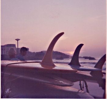Dick with his 2 boards...grand Plage ..Biarritz..France ...1970 Amazing how radical fins had become by 1970. Super flexy..but hell dangerous if you landed on them,like i did..& a 7 x 1inch deep gash in my stomach...even today..Doctors say to me..man youv'e had a big operation...i answer "no, my surfboard fin did that"
